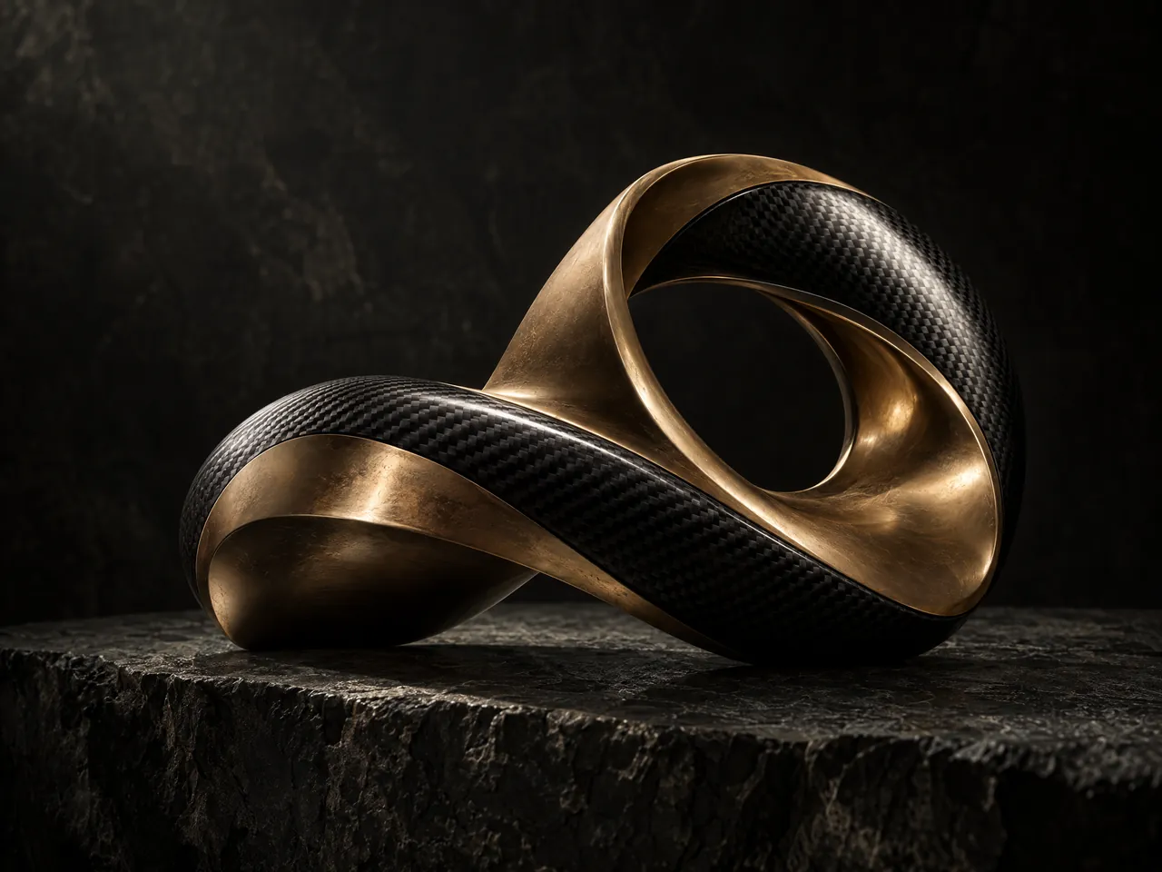 A polished bronze and carbon-fiber sculptural object on dark textured stone under a single light.