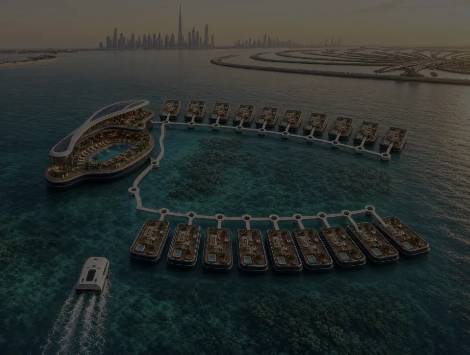 A 3D masterplan of the Aequora Living® floating resort: a curved main island ringed by floating villas on turquoise water, with the Dubai skyline on the horizon.