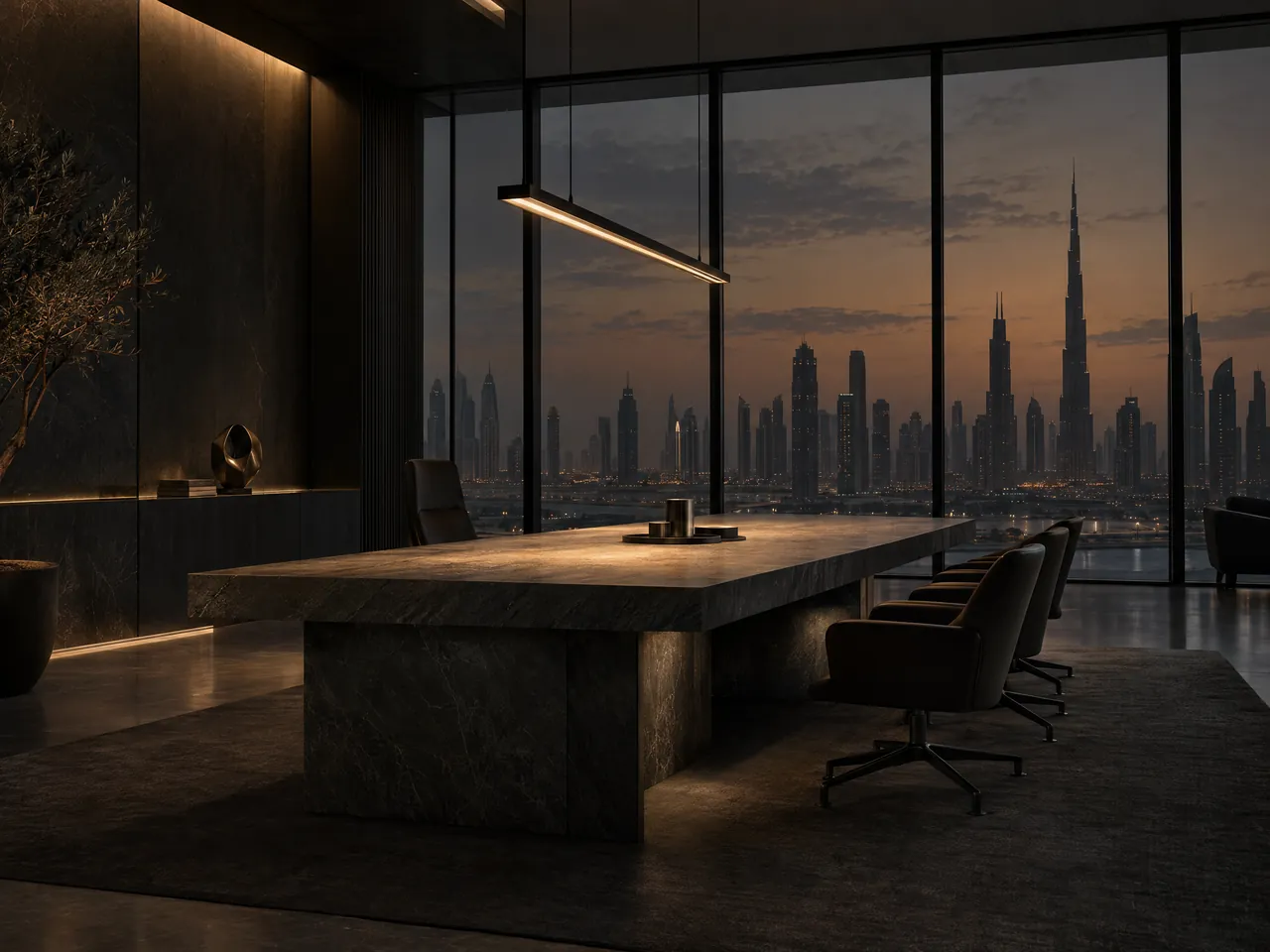 An empty contemporary executive room in Dubai at dusk, overlooking a dim skyline.